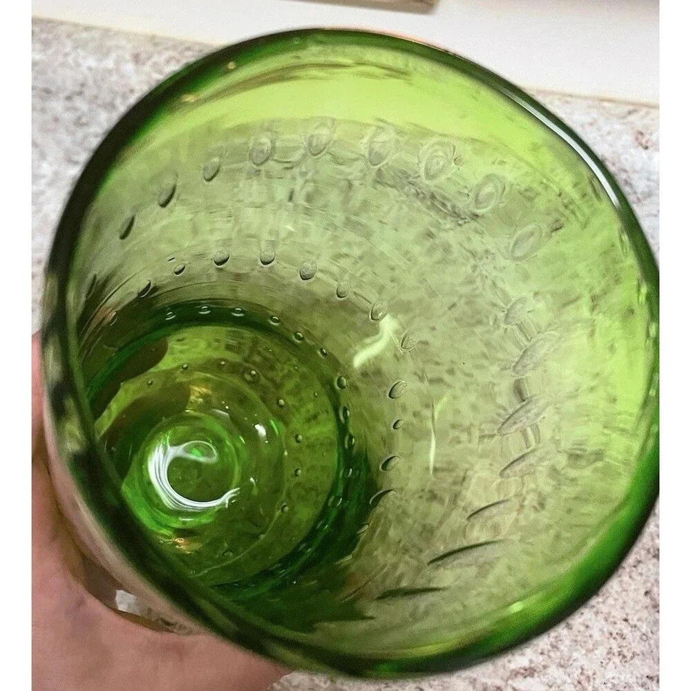 70’s Art Deco Hand Blown Controlled Bubble Apple Green & Clear Base Glass Vase